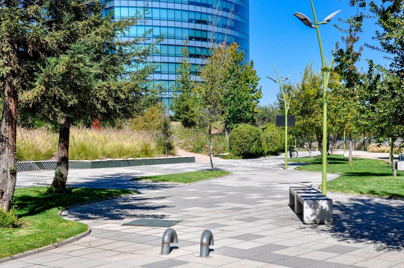 Landscaped hardscape and planting beds at a commercial office plaza